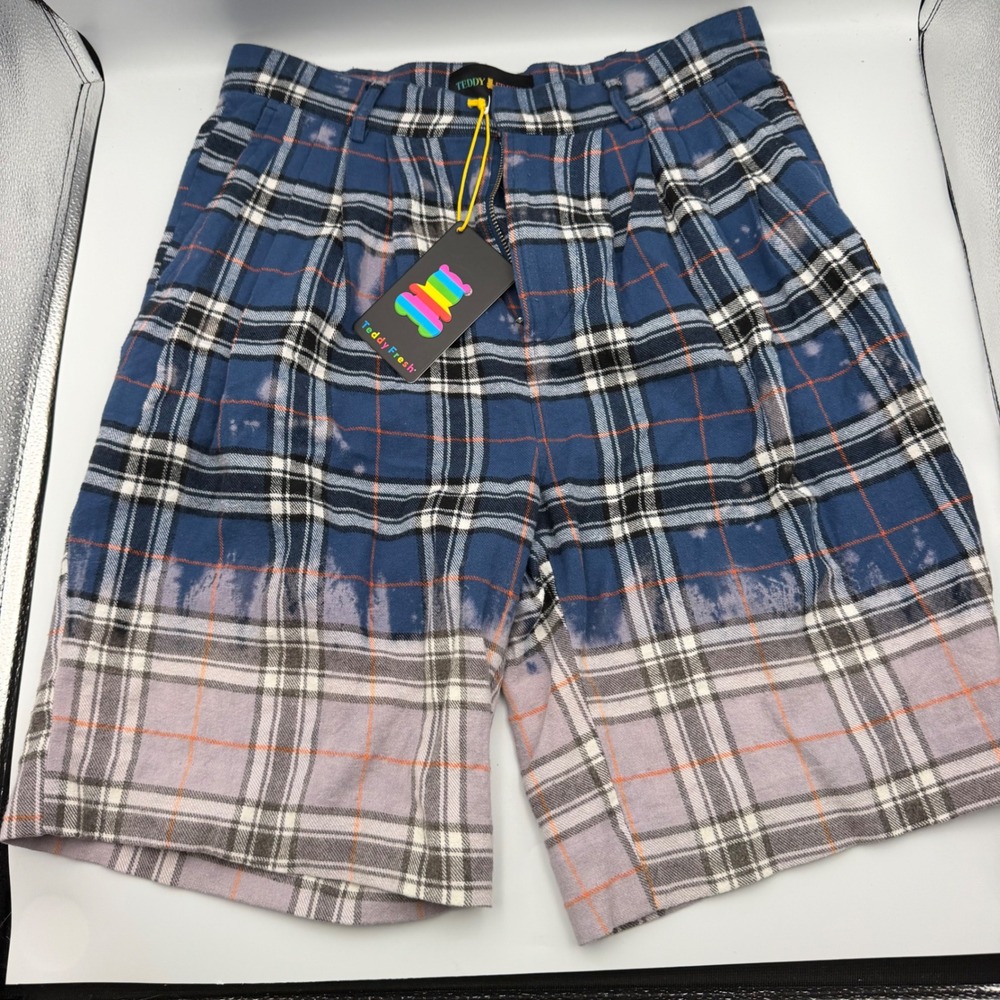 Teddy Fresh Plaid Dip Dye Shorts Blue White Orange Size 28 NWT